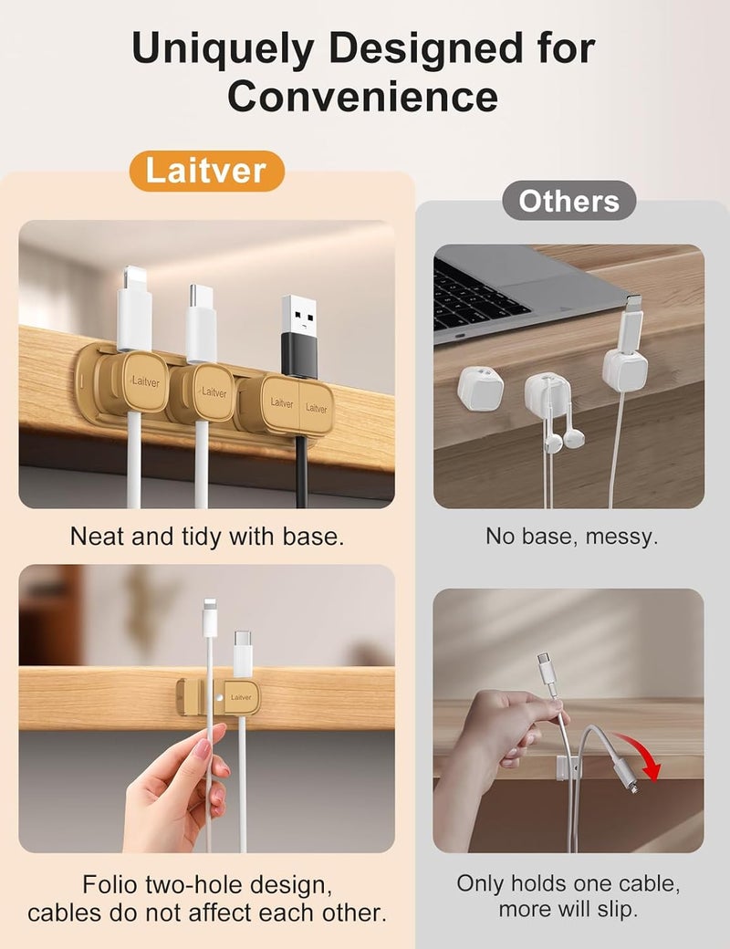 Laitver 6 Pack Magnetic Cable Clips [1s Open/Lock], Cord Organizer Holder Strong Adhesive Desk Cable Management- Organize Charging Cords Neatly for Home, Office, Car,Desk, Nightstand-Milk Coffee - Image 3
